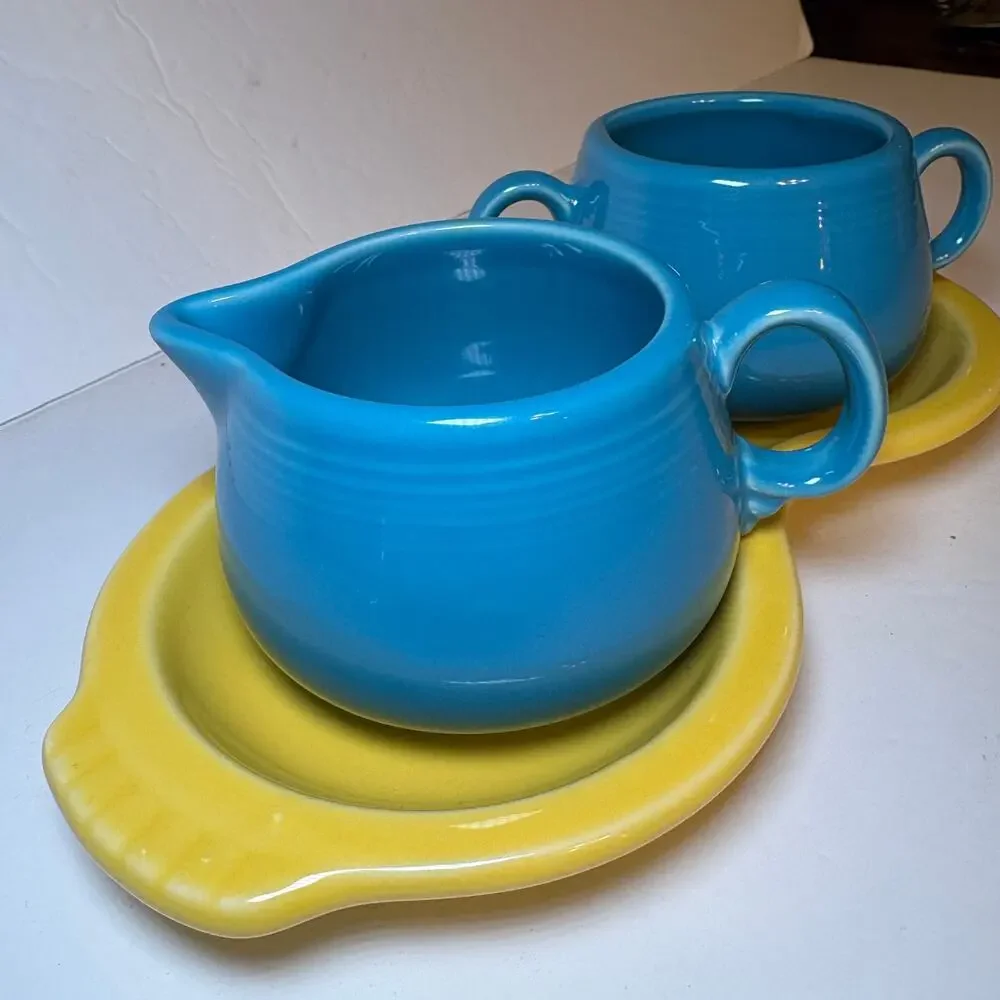 Fiesta Fiestaware Sugar & Creamer Set w Figure 8 Tray Yellow & Blue Mix n Match